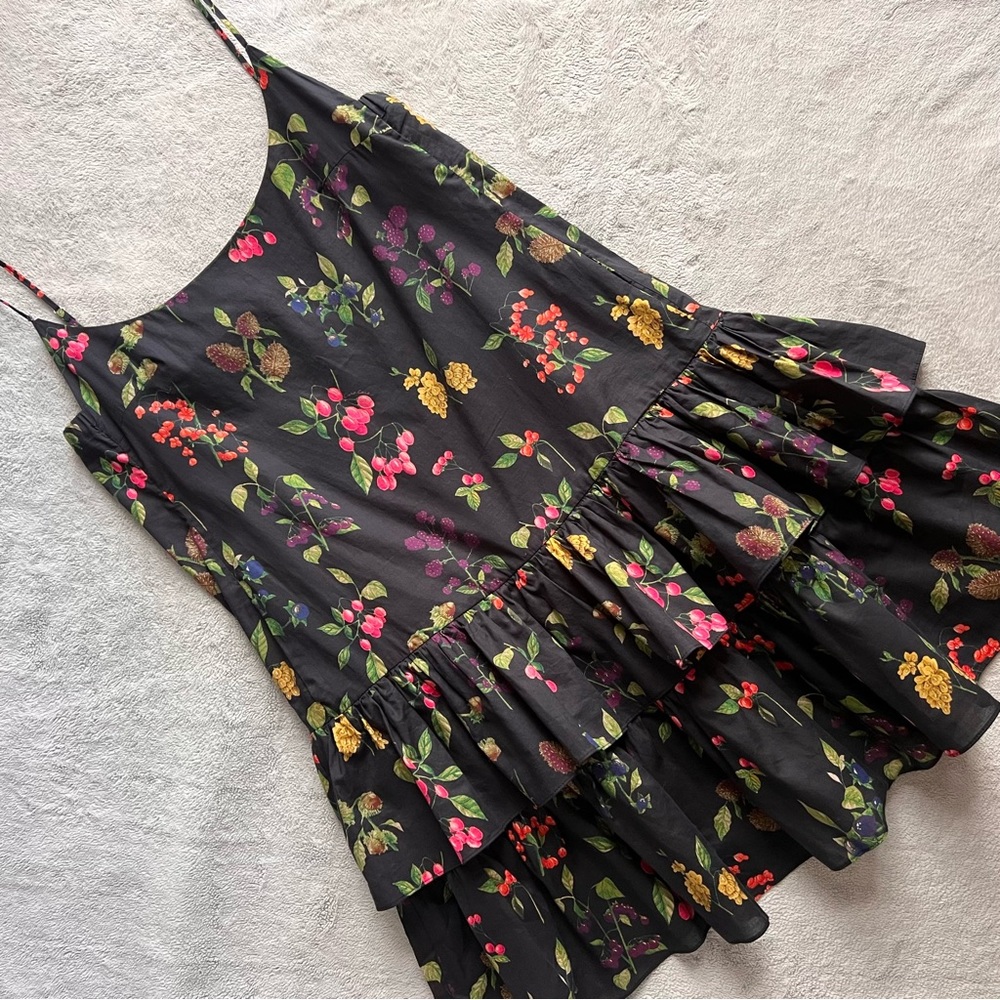 Cara Cara Black Floral Ruffle Sundress with Pink & Yellow Blooms